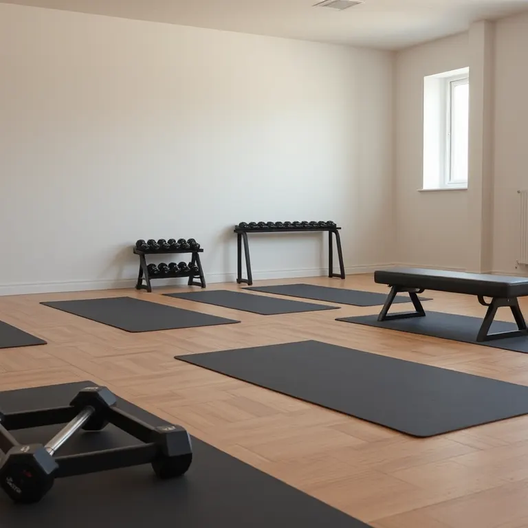 La sala de suelo con colchonetas, pesas y un banco